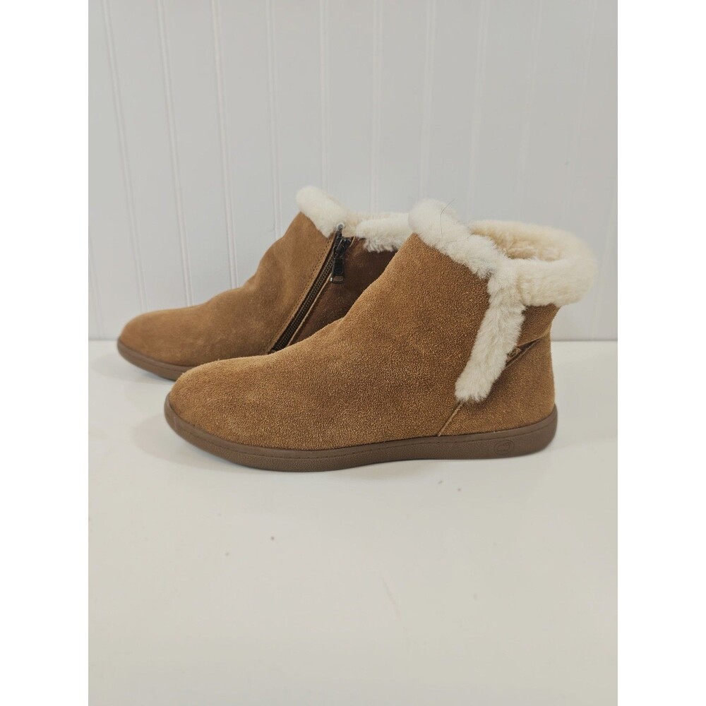 LAMO Zaya Women's Boots Booties Brown Suede Sheepskin Collar Side Zip Sz 7